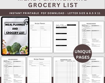 Puede incluir: Un planificador de comidas digital y una lista de compras con varias páginas. La portada muestra el título "MEAL PLANNER AND GROCERY LIST". Las páginas incluyen planificadores de recetas, listas de verificación de preparación de comidas y listas de compras.