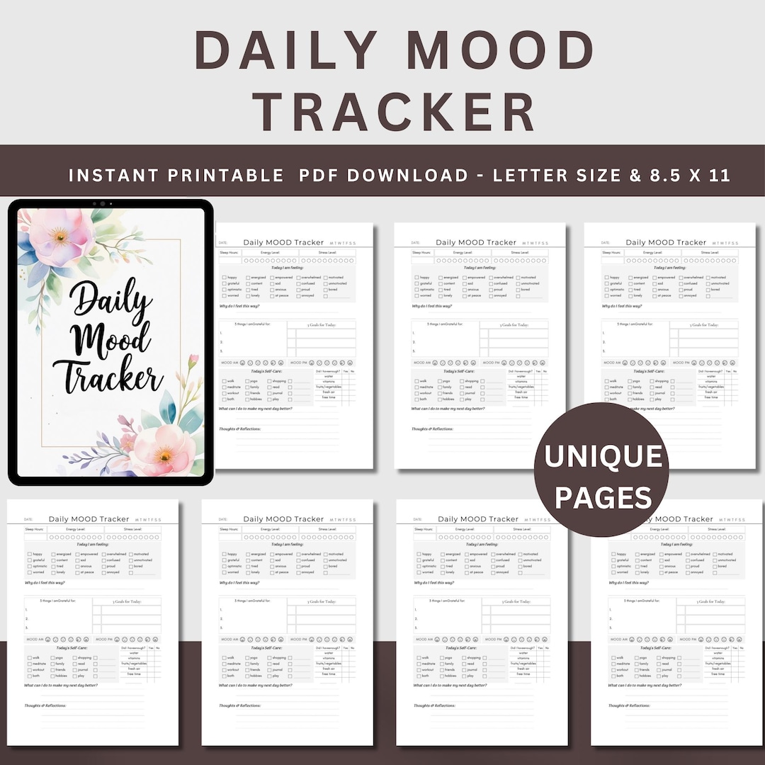 Daily Mood Tracker Printable: Mental Health Journal, Self-care Planner ...
