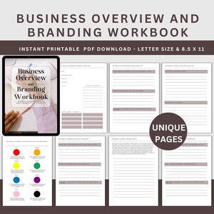 Puede incluir: Un cuaderno de trabajo digital para empresas titulado "Business Overview and Branding Workbook". Incluye páginas para la planificación empresarial, la marca y la psicología del color. Descarga instantánea en PDF imprimible, tamaño carta, 8,5 x 11 pulgadas.