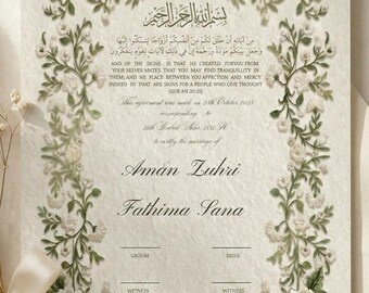 Floral Embroidery Nikkah Nama Certificate Canva: Luxury Islamic Wedding Contract (A4,Digital Download)