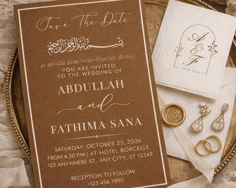 May include: A wedding invitation suite featuring a brown card with white text, including "Save The Date" and the names Abdullah and Fathima Sana. The suite includes a small white booklet, earrings, rings, and a wax seal, all arranged on a gold tray.