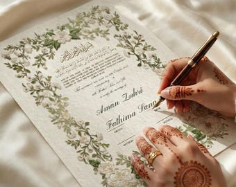 May include: A wedding certificate with floral embroidery and calligraphy. The document is being signed with a gold-tipped pen. The bride's hands are adorned with henna and a gold ring.