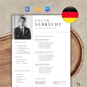 Könnte beinhalten: Ein Lebenslauf-Template mit einem Foto eines Mannes im Anzug. Das Dokument zeigt den Namen "FELIX ALBRECHT" und den Titel "MARKETING DIRECTOR". Es enthält Abschnitte für persönliche Daten, Sprachkenntnisse, Qualifikationen und Berufserfahrung.