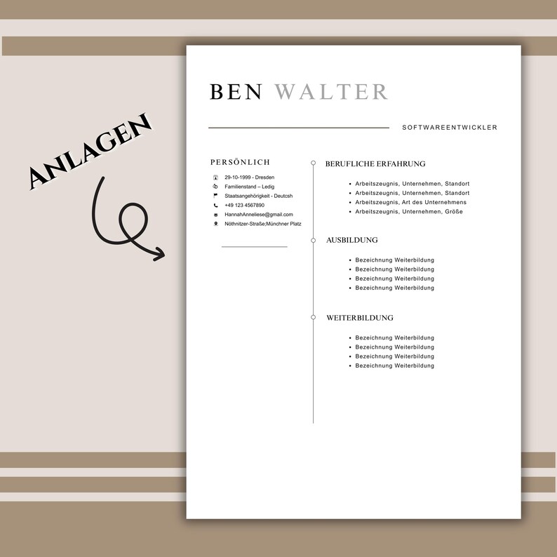 May include: A white resume template with the name "BEN WALTER" at the top, and the title "SOFTWAREENTWICKLER" below. The resume includes sections for personal information, work experience, education, and further training. The word "ANLAGEN" is written in black on the left side.