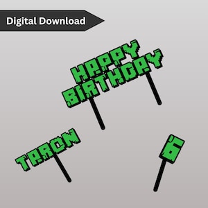 Adorno para pastel pixelado / Letrero con nombre / Cumpleaños con bloques pixelados / Descarga instantánea