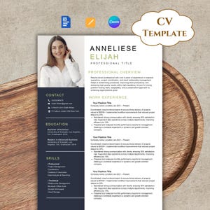 May include: A CV template with a professional design. The document features the name "ANNELIESE ELIJAH" and a professional title. It includes sections for contact information, education, skills, and work experience. The template is designed for use with Canva.