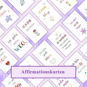 May include: A collection of white affirmation cards with colorful text and illustrations. The cards feature phrases like "I am grateful" and "I am capable." The word "Affirmationskarten" is displayed on a purple rectangular banner.