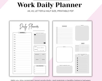 Puede incluir: Un planificador diario de trabajo imprimible en formato PDF. El diseño incluye secciones para programación, listas de tareas, objetivos y notas. El planificador está disponible en tamaños A4, A5, Carta y media carta. El texto "Work Daily Planner" está en la parte superior.