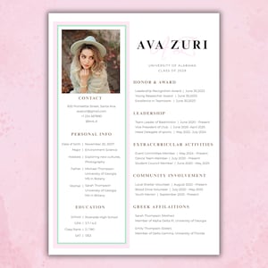 May include: A resume template with a photo of a woman wearing a hat. The resume includes contact information, personal details, education, and extracurricular activities. The document is in black text with pink borders and headings.