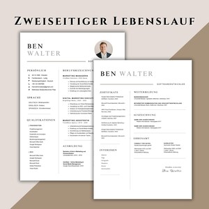 May include: Two-page resume design with the name "BEN WALTER" at the top. The resume is in black and white with sections for personal information, qualifications, and work experience. The title "ZWEISEITIGER LEBENSLAUF" is at the top.