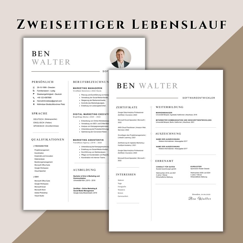 May include: Two-page resume design with the name "BEN WALTER" at the top. The resume is in black and white with sections for personal information, qualifications, and work experience. The title "ZWEISEITIGER LEBENSLAUF" is at the top.