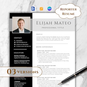 May include: A professional resume template with a photo, contact details, education, and work experience sections. The resume includes the name Elijah Mateo and the title "Professional Tittle". The design is in black and white.