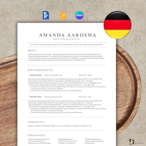 May include: A professional resume template with the name "AMANDA AARDSMA" at the top. The resume includes sections for profile, work experience, education, and skills. A German flag is in the upper right corner.