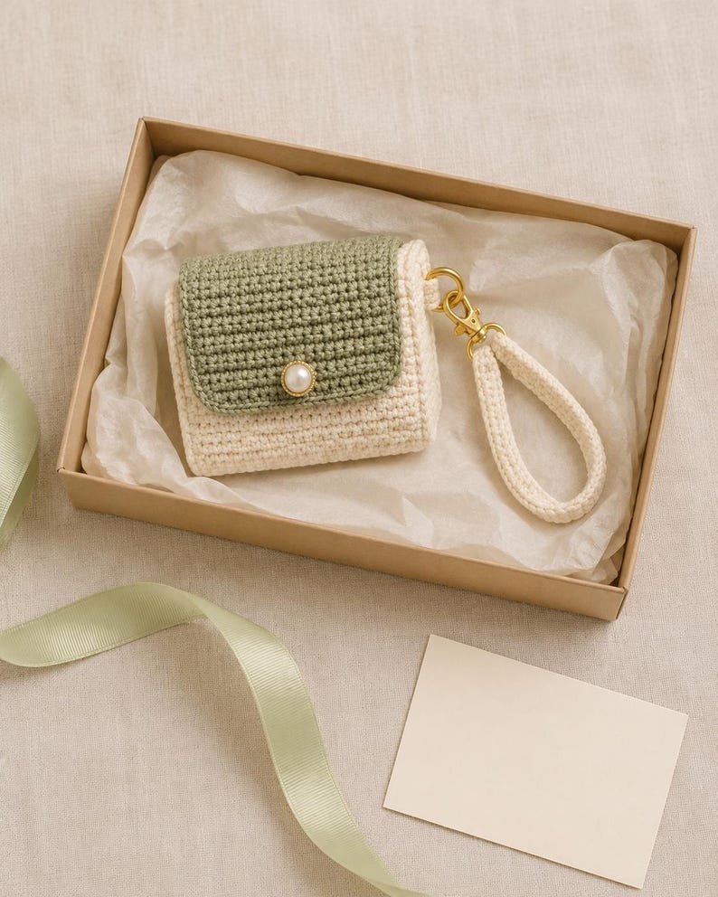 May include: A small, rectangular crochet pouch featuring a sage green flap and a cream-colored body. The flap is secured with a single white faux pearl button. A matching cream-colored crochet wrist strap is attached via a gold-toned metal clasp.