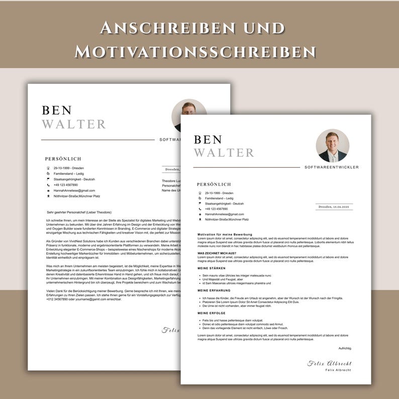 May include: Two resume templates with the name "Ben Walter" are displayed. The resumes are in black and white with a photo of a man in the upper right corner. The text "Anschreiben und Motivationsschreiben" is at the top.