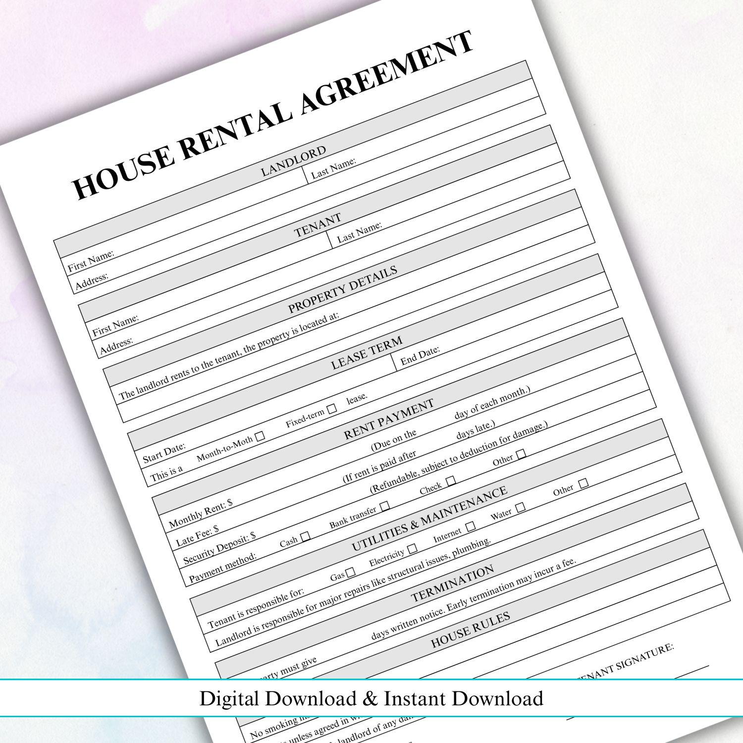 House Rental Agreement | One Page Rental Form | Editable Room Rental ...
