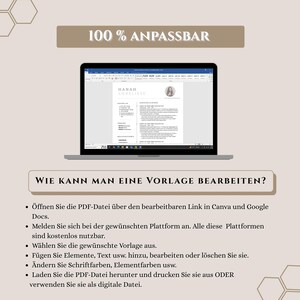 May include: A laptop displays a resume template with the name "HANAH ANNELIESE" at the top. The screen also shows the text "100% ANPASSBAR" and "WIE KANN MAN EINE VORLAGE BEARBEITEN?" with bullet points below. The laptop is on a light background.