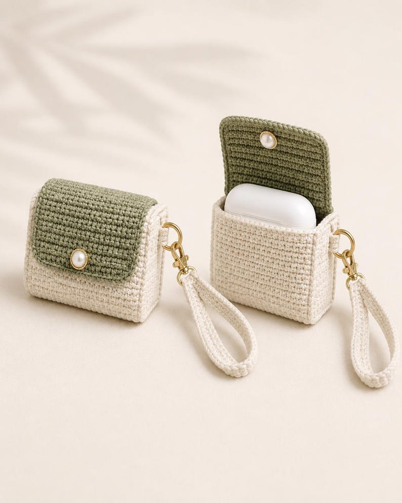 May include: Two crochet earbud cases featuring a cream-colored body and an olive green flap. Each case includes a gold-toned metal clasp with a matching cream-colored wrist strap and a small white faux pearl button closure on the front flap.