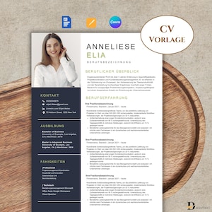 May include: A resume template with a photo of a woman, featuring sections for contact information, education, skills, and work experience. The design is modern with a dark blue and white color scheme, and the text "CV VORLAGE" is in a circle.