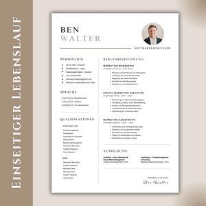 May include: A professional resume template with a headshot, personal details, and work experience. The resume includes sections for skills, qualifications, and education. The document is in black and white with a modern design.