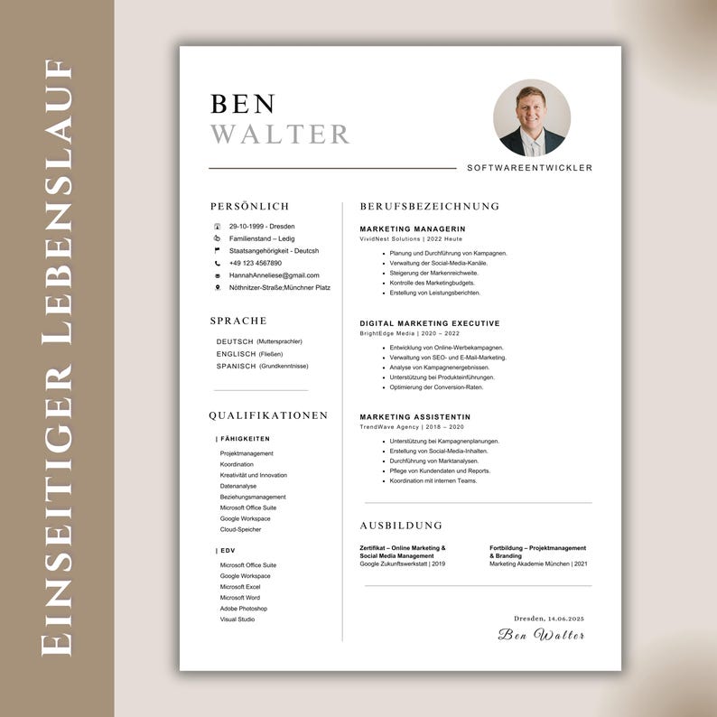May include: A professional resume template with a headshot, personal details, and work experience. The resume includes sections for skills, qualifications, and education. The document is in black and white with a modern design.