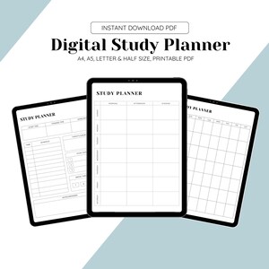 Może przedstawiać: Trzy cyfrowe planery nauki na tabletach. Tekst na obrazku brzmi "INSTANT DOWNLOAD PDF", "Digital Study Planner" i "A4, A5, LETTER & HALF SIZE, PRINTABLE PDF". Planery mają białe tło z czarnym tekstem i obramowaniami.