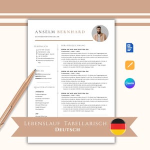 Może przedstawiać: Profesjonalny szablon CV w języku niemieckim. Zawiera sekcje dotyczące danych osobowych, doświadczenia zawodowego i umiejętności. Dokument zawiera zdjęcie i flagę Niemiec.