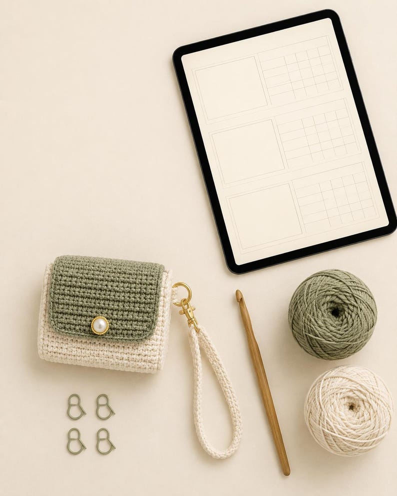 May include: A small crochet pouch with a sage green flap and cream body, featuring a pearl-like button, a matching cream wrist strap with a gold clasp, two balls of yarn, a wooden crochet hook, and four small green stitch markers.