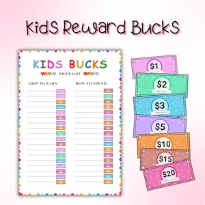 Puede incluir: Imagen colorida con "Kids Reward Bucks" y una lista de precios. Billetes de recompensa de 1, 2, 3, 5, 10, 15 y 20 dólares. La lista muestra cómo ganar y gastar las recompensas.