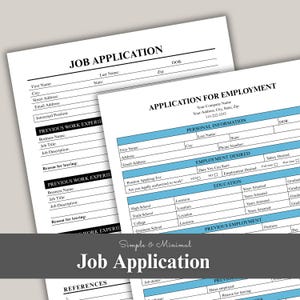 Op de afbeelding: Er worden twee sollicitatieformulieren getoond, één met de titel "Job Application" en de andere "Application for Employment". Beide formulieren hebben secties voor persoonlijke informatie, werkervaring en opleiding. De afbeelding bevat ook de tekst "Simple & Minimal Job Application."