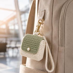 May include: A small, crocheted pouch featuring a sage green flap and a cream-colored body. The flap is secured with a single white pearl-like button. A matching cream-colored wrist strap is attached to a gold-toned metal lobster clasp and ring.