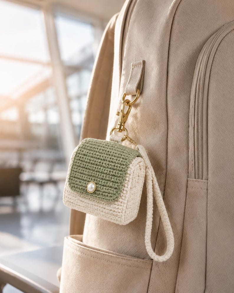 May include: A small, crocheted pouch featuring a sage green flap and a cream-colored body. The flap is secured with a single white pearl-like button. A matching cream-colored wrist strap is attached to a gold-toned metal lobster clasp and ring.