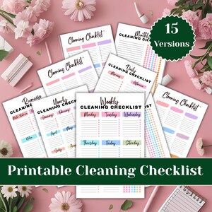 Puede incluir: Una colección de listas de verificación de limpieza imprimibles en varios formatos, incluyendo diarios, semanales, mensuales y anuales. Las listas de verificación presentan encabezados coloridos y están diseñadas para la organización del hogar. El texto "Printable Cleaning Checklist" está incluido.