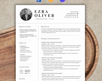 May include: A professional resume template with the name "Ezra Oliver" at the top. The resume includes sections for education, skills, work experience, and language proficiency. The design is clean and modern, with a headshot and contact information.