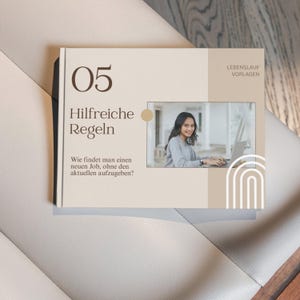 May include: A book cover with the number "05" and the title "Hilfreiche Regeln" in brown text. The cover features a photo of a person working on a laptop and the text "Wie findet man einen neuen Job, ohne den aktuellen aufzugeben?"