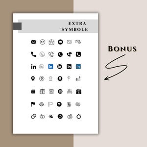 May include: A white sheet with a collection of black and blue icons, including envelopes, phones, location markers, and calendars. The text "EXTRA SYMBOLE" is at the top, with "BONUS" written on the right side.