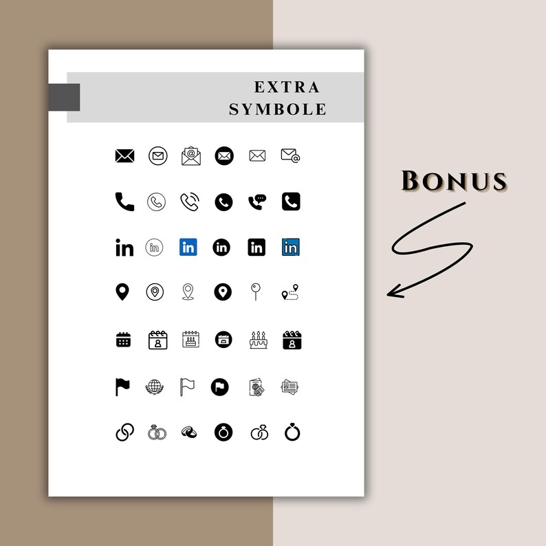 May include: A white sheet with a collection of black and blue icons, including envelopes, phones, location markers, and calendars. The text "EXTRA SYMBOLE" is at the top, with "BONUS" written on the right side.