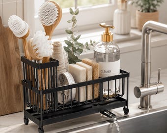 Kitchen Sink Caddy, Sponge Holder for Sink, Rustproof Sink Organizer, Stainless Steel Kitchen Organizer with Brush Holder Rack