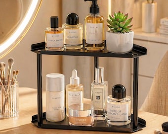 2 Tier Corner Organizer, Black Metal Vanity Shelf, Skincare Makeup Storage Rack