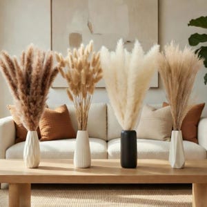 Puede incluir: Cuatro jarrones de hierba de la pampa seca y colas de conejo sobre una mesa de centro de madera. Los jarrones son blancos y negros, con diseños texturizados y geométricos. La hierba de la pampa es en tonos marrones y crema, creando una estética neutra y natural.