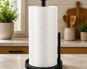 Soporte de encimera independiente para toallas de papel – Soporte de acero inoxidable para rollos de cocina con base antideslizante y pesada, color negro, resistente.