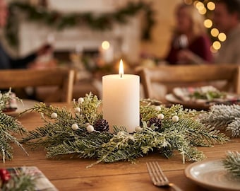 Christmas Wreath Candle Rings, Set of 4 6 8, Frosted Cedar Pine Cone Mini Wreaths, Winter Wedding Table Centerpiece, Hanging Door Decor