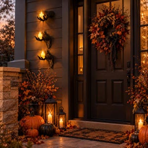 May include: A dark front door entrance decorated for autumn with a fall foliage wreath, three wall-mounted black hand sconces holding glowing candles, and several lanterns containing lit candles surrounded by orange and black pumpkins.