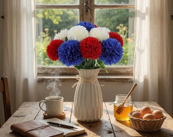 Patriotic Artificial Chrysanthemum Flowers, Red White Blue Faux Mum Bouquet, 4th of July Table Centerpiece Decor