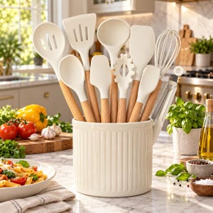 May include: A set of cream-colored silicone kitchen utensils with light wood handles, including a slotted spoon, spatula, ladle, whisk, and tongs, all organized in a matching cream-colored, vertically ribbed ceramic utensil holder.