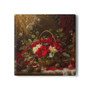 Ceramic Coaster -  Holiday Poinsettias in Basket