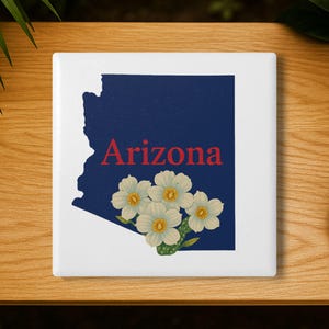 Arizona Saguaro Cactus Flower Ceramic Coaster: State Pride Gift