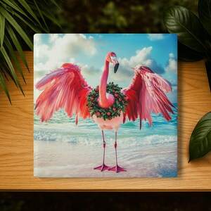 Ceramic Coaster - Holiday Festive Flamingo, Christmas Decor, Festive Drinkware, Holiday Decor, Table Coaster, Christmas Gift, Xmas Coaster