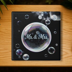 Ceramic Coaster - Mr And Mrs In Bubbles Design, Wedding Coaster, Beverage Coaster, Home Decor, Kitchen Decor, Table Coaster