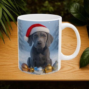 Ceramic Mug- Cute Weimaraner Puppy in Santa Hat, Holiday Coffee Cup, Christmas Gift, Dog Lover Gift, Pet Owner Mug, Cute Puppy Mug